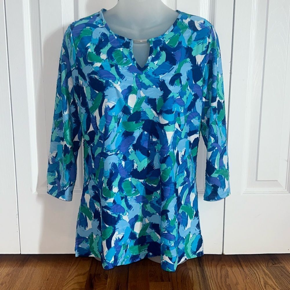 Kate Park 3/4 Sleeve Teal Blue DRESSY Top Blouse Shirt Peep Hole Small S NWT